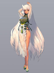 Rule 34 | 1girl, arms up, breasts, covered erect nipples, destiny child, green eyes, grey background, hair between eyes, highres, kim hyung tae, long hair, looking at viewer, medium breasts, mona (destiny child), pink lips, see-through, see-through silhouette, shiny skin, simple background, solo, standing, tassel, very long hair, white hair
