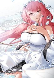 Rule 34 | 1girl, azur lane, bare shoulders, breasts, cleavage, dress, frilled dress, frills, hand on own chest, highres, large breasts, layered dress, long hair, looking at viewer, perseus (azur lane), pink eyes, pink hair, solo, twintails, very long hair, white dress, winterfall (artenh)