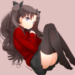 Rule 34 | 1girl, 2015, black hair, black thighhighs, blue eyes, dated, fate/stay night, fate (series), fetal position, hair ribbon, long hair, looking at viewer, nagian, no shoes, plantar flexion, ribbon, simple background, sketch, skirt, solo, thighhighs, tohsaka rin, two side up