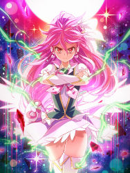 Rule 34 | 10s, 1girl, aino megumi, bad id, bad pixiv id, bow, crossed arms, cure lovely, earrings, gunbuster pose, hair ornament, happinesscharge precure!, heart, heart hair ornament, jewelry, long hair, magical girl, motoki (hisano motoki), pink bow, pink hair, pink skirt, ponytail, precure, red eyes, serious, skirt, solo, thighhighs, white thighhighs, wide ponytail, wrist cuffs