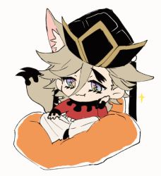 Rule 34 | 1boy, :3, animal ears, animated, animated gif, black footwear, black hat, chibi, closed mouth, cushion, douma (kimetsu no yaiba), ear down, ear wiggle, extra ears, fox boy, fox ears, fox tail, grey hair, grin, hair between eyes, hand on own cheek, hand on own face, hand on own leg, hand up, hat, hat ribbon, head rest, indian style, kimetsu no yaiba, long hair, long sleeves, looking at viewer, male focus, multicolored eyes, open mouth, pants, qin (7833198), red shirt, ribbon, shirt, shoes, simple background, sitting, smile, solo, tail, tail wagging, text in eyes, unaligned ears, white background, white pants