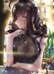 Rule 34 | 1girl, absurdres, ahoge, alcohol, armlet, bad id, bad pixiv id, black dress, blunt bangs, blurry, blush, breasts, brown hair, casual, champagne flute, choker, cleavage, closed mouth, cup, depth of field, dress, drinking glass, dsr-50 (girls&#039; frontline), dsr-50 (highest bid) (girls&#039; frontline), earrings, elbow rest, girls&#039; frontline, hand up, highres, indoors, jewelry, keyring, large breasts, light particles, long hair, looking to the side, no bra, official alternate costume, red eyes, sidelocks, sitting, smile, solo, sparkle, upper body, very long hair, yusan