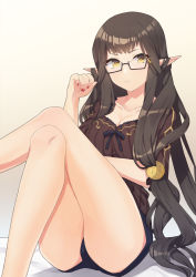 Rule 34 | 1girl, adjusting hair, agsen, bespectacled, black hair, black shirt, commentary request, fate/apocrypha, fate/grand order, fate (series), glasses, hair ornament, highres, crossed legs, long hair, looking at viewer, nail polish, pointy ears, purple shorts, red nails, semi-rimless eyewear, semiramis (fate), shirt, shorts, sitting, solo, under-rim eyewear, very long hair, yellow eyes