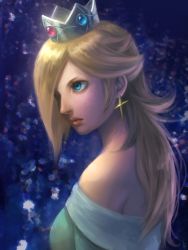 Rule 34 | 1girl, bare shoulders, bellhenge, blonde hair, blue eyes, crown, earrings, hair over one eye, highres, jewelry, long hair, mario (series), md5 mismatch, nintendo, portrait, resized, resolution mismatch, rosalina, solo, source smaller, super mario galaxy, upscaled