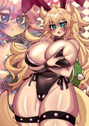Rule 34 | 1girl, :o, :t, abstract background, absurdres, animal ears, annoyed, arms under breasts, bare shoulders, black bow, black leotard, black neckwear, blonde hair, blush, bow, bowsette, bowtie, bracelet, breasts, breasts squeezed together, cameltoe, collar, covered erect nipples, cowboy shot, crown, curvy, deep skin, dragon horns, dragon tail, embarrassed, fake animal ears, fang, female focus, green eyes, highleg, highleg leotard, highres, horns, huge breasts, jewelry, leotard, mario (series), multiple views, neck ribbon, new super mario bros. u deluxe, nintendo, osiimi, playboy bunny, rabbit ears, ribbon, shell, shiny clothes, shiny skin, skin fang, spiked bracelet, spiked shell, spiked tail, spiked thighlet, spikes, standing, super crown, tail, thick thighs, thighlet, thighs, turtle shell, wide hips, zoom layer