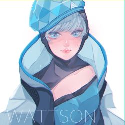Rule 34 | 1girl, absurdres, animification, apex legends, beret, blue bodysuit, blue hair, blue hat, blue jacket, bodysuit, breasts, character name, cleavage, cleavage cutout, clothing cutout, expressionless, hat, haute drop wattson, highres, hood, hooded jacket, jacket, official alternate costume, small breasts, solo, wattson (apex legends), white background, yuzu castella