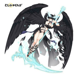 Rule 34 | 1girl, absurdly long hair, angel, armpits, bandages, black hair, breasts, cleavage, closers, fallen angel, full body, highres, large breasts, long hair, looking at viewer, mirae (closers), navel, official art, revealing clothes, scythe, solo, sparkle, thighs, transparent background, very long hair, waist cape, weapon, wings, yellow eyes