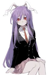 Rule 34 | 1girl, animal ears, arm support, black jacket, blazer, blush, chinese commentary, closed mouth, collared shirt, commentary, cowboy shot, dot nose, eyebrows hidden by hair, hair between eyes, hand on own knee, highres, inaba win, jacket, light smile, long hair, looking at viewer, miniskirt, necktie, pink skirt, pleated skirt, purple hair, rabbit ears, rabbit girl, red eyes, red necktie, reisen udongein inaba, shirt, simple background, skirt, solo, touhou, very long hair, white background, white shirt