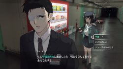 Rule 34 | amagi shinichiro (samidare), black hair, black suit, business suit, can, character name, choice, dialogue box, dialogue options, drink can, drone, eyepatch, fake screenshot, formal, gameplay mechanics, hair ribbon, hallway, highres, holding, holding can, jacket, kneehighs, lanyard, lost property control organization (samidare), name tag, necktie, options, original, pleated skirt, protagonist (lost property control organization), ribbon, samidare (hoshi), short hair, skirt, socks, soda can, subtitled, suit, translated, trash can, user interface, vending machine