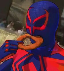 Rule 34 | 1boy, artist name, blue bodysuit, blue mask, bodysuit, commentary, eating, eating a bigass onion ring (meme), english commentary, farevalee9s, food, highres, holding, holding food, male focus, marvel, meme, onion rings, photo-referenced, photo background, red bodysuit, solo, spider-man: across the spider-verse, spider-man (2099), spider-man (series), spider-verse, twitter username, two-tone bodysuit, upper body