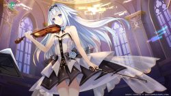 Rule 34 | 1girl, arusu maria, bare arms, bare shoulders, blue eyes, breasts, cleavage, closed mouth, date a live, date a live: spirit pledge, flower, hairband, highres, indoors, instrument, long hair, looking at viewer, nightgown, official art, smile, solo, standing, violin, white hair