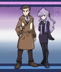 Rule 34 | 1boy, 1girl, anabel (pokemon), black pantyhose, brown coat, brown eyes, brown footwear, brown hair, brown pants, buttons, closed mouth, coat, collared shirt, commentary, copyright name, creatures (company), dreambig, frown, full body, game freak, gloves, hair ribbon, hand in pocket, hand up, high heels, highres, long hair, looker (pokemon), nintendo, pants, pantyhose, pokemon, pokemon bdsp, pokemon sm, purple hair, ribbon, scarf, shirt, shoes, short hair, sidelocks, split mouth, standing, watermark, white shirt