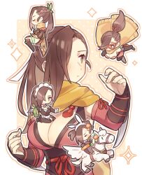 Rule 34 | 1girl, alcohol, animal ears, apron, bottle, braid, breasts, brown background, brown cape, brown eyes, brown hair, cape, carrot, chibi, chibi inset, cleavage, closed eyes, closed mouth, commentary request, crown braid, detached sleeves, fake animal ears, fighting stance, fire emblem, fire emblem fates, fire emblem heroes, haconeri, hair over one eye, invisible chair, kagero (fire emblem), kagero (halloween) (fire emblem), kagero (resplendent) (fire emblem), kagero (spring) (fire emblem), kagero (thief) (fire emblem), large breasts, leotard, long hair, maid apron, maid headdress, multiple views, nintendo, official alternate costume, pegasus, playboy bunny, ponytail, rabbit ears, scarf, sitting, sparkle, two-tone background, wariza, white background, wine bottle, yellow scarf