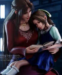 Rule 34 | 2girls, 3d, aerith gainsborough, aged down, blue dress, book, braid, breasts, brown hair, child, dress, final fantasy, final fantasy vii, final fantasy vii remake, hair ribbon, highres, holding, holding book, ifalna, jewelry, long dress, long hair, medium breasts, mother and daughter, multiple girls, necklace, parted bangs, ponytail, puffy short sleeves, puffy sleeves, reading, red dress, ria-neearts, ribbon, shinra hq, short sleeves, sidelocks, sitting, sitting on lap, sitting on person, square enix, wide sleeves, yellow ribbon