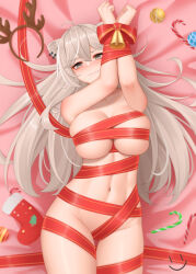 Rule 34 | 1girl, animal ears, bell, blush, bound, bound wrists, breasts, brown hairband, candy, candy cane, christmas stocking, closed mouth, commentary, english commentary, fake antlers, food, grey eyes, grey hair, hairband, highres, hololive, large breasts, long hair, looking at viewer, lying, naked ribbon, navel, on back, red ribbon, ribbon, shishiro botan, smiley face, solo, thighs, underboob, virtual youtuber, wei xiao