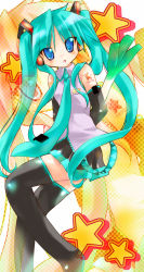 Rule 34 | 00s, 1girl, blue eyes, blush, cosplay, detached sleeves, female focus, green hair, hatsune miku, hatsune miku (cosplay), headphones, highres, hiiragi kagami, long hair, looking at viewer, lucky star, necktie, non-web source, solo, spring onion, thighhighs, twintails, very long hair, vocaloid