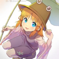 Rule 34 | 1girl, :d, animal print, blonde hair, blue eyes, blurry, breasts, depth of field, face, frog print, from above, hands up, hat, holding, holding leaf, leaf, light blush, long hair, long sleeves, looking at viewer, moriya suwako, open mouth, pantyhose, purple skirt, purple vest, shiroi karasu, simple background, skirt, small breasts, smile, solo, squatting, touhou, vest, white background, white pantyhose, wide sleeves