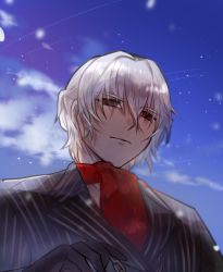 Rule 34 | 1boy, antonio salieri (fate), antonio salieri (second ascension) (fate), ascot, black gloves, black jacket, cloud, collared shirt, eyebrows, fate/grand order, fate (series), formal, gloves, jacket, long sleeves, looking at viewer, male focus, natsuko (summer 525528), neckwear request, pinstripe pattern, red ascot, shirt, short hair, sky, solo, striped, suit, upper body, white hair, white shirt