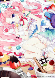 Rule 34 | 1girl, :q, absurdres, animal ears, ankle cuffs, bare shoulders, barefoot, blue eyes, blush, bracelet, breasts, cat ears, cat tail, chocolate, cleavage, dress, food, frills, fruit, hair bobbles, hair ornament, highres, jewelry, long hair, looking at viewer, lying, macaron, neck ribbon, nyanya, on side, original, pastry, pink hair, ribbon, smile, solo, strawberry, tail, tongue, tongue out, twintails, very long hair