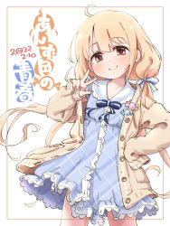 Rule 34 | 1girl, ahoge, azmad, blonde hair, blue dress, brown cardigan, cardigan, dated, dress, futaba anzu, hand on own hip, highres, idolmaster, idolmaster cinderella girls, long hair, low twintails, open cardigan, open clothes, red eyes, sleeves past fingers, sleeves past wrists, smile, solo, translation request, twintails, w