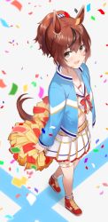 Rule 34 | 1girl, :d, animal ears, blouse, blue jacket, blush, brown eyes, brown hair, commentary request, confetti, crop top, flower, from above, full body, grey background, hair between eyes, highres, holding, horse ears, horse girl, horse tail, jacket, long sleeves, looking at viewer, looking up, mashiro aa, multicolored hair, navel, nice nature (run&amp;win) (umamusume), nice nature (umamusume), open clothes, open jacket, open mouth, pleated skirt, pom pom (cheerleading), ponytail, puffy long sleeves, puffy sleeves, red flower, ribbed legwear, sailor collar, shirt, shoes, skirt, sleeves past wrists, smile, socks, solo, streaked hair, tail, umamusume, walking, white sailor collar, white shirt, white skirt, white socks