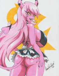 Rule 34 | 1girl, 2022, absurdres, ass, bikini, black nails, breasts, colored skin, commission, demon girl, helluva boss, highres, horns, huge ass, huge breasts, maid, maid bikini, pink eyes, pink hair, pink skin, ravernclouk design, sideboob, simple background, solo, swimsuit, tail, tongue, tongue out, unconventional maid, verosika mayday