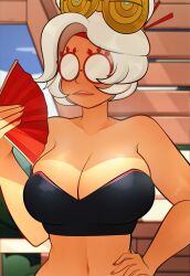 Rule 34 | 1girl, absurdres, arkeus 165, bare shoulders, breasts, cleavage, female focus, glasses, hand fan, hand on own hip, highres, large breasts, nail polish, navel, nintendo, paper fan, purah, short hair, skindentation, solo, swimsuit, the legend of zelda, the legend of zelda: tears of the kingdom, updo, upper body, white hair