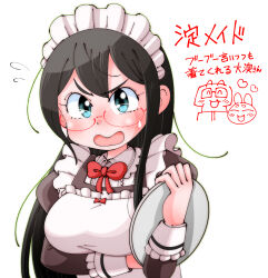 Rule 34 | 1boy, 2girls, apron, black hair, blue eyes, blush, embarrassed, glasses, highres, kantai collection, long hair, maid, maid apron, maid headdress, multiple girls, murakumo (kancolle), neck ribbon, ooyodo (kancolle), open mouth, red ribbon, ribbon, shin (shin k009), sweatdrop, t-head admiral, translation request, white background