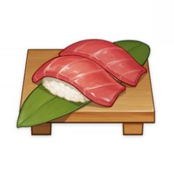 Rule 34 | artist request, commentary, english commentary, fish, fish (food), food, food focus, game cg, genshin impact, leaf, lowres, nigirizushi, no humans, official art, rice, simple background, still life, sushi, sushi geta, third-party source, transparent background, tuna, wood