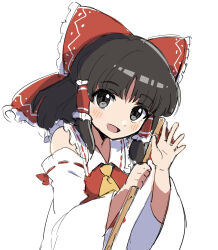Rule 34 | 1girl, absurdres, ascot, bare shoulders, black hair, bow, broom, collared vest, detached sleeves, frilled bow, frills, hair bow, hair tubes, hakurei reimu, highres, holding, holding broom, japanese clothes, long sleeves, looking at viewer, miko, miz (mizillustration), one-hour drawing challenge, open mouth, red bow, red vest, simple background, sketch, smile, solo, touhou, vest, waving, white background, wide sleeves, yellow ascot