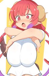 Rule 34 | 1girl, breasts, fang, gradient hair, highres, horns, huge breasts, ilulu (maidragon), jellcaps, kobayashi-san chi no maidragon, multicolored hair, open mouth, pointy ears, purple hair, red eyes, red hair, shirt, solo, t-shirt, tail, white shirt