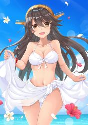 Rule 34 | 1girl, :d, absurdres, alternate costume, bare shoulders, beach, bikini, black hair, blue sky, blush, breasts, brown eyes, cleavage, clothes lift, cloud, collarbone, cowboy shot, day, detached sleeves, gensoukitan, hair ornament, hairband, hairclip, haruna (kancolle), headgear, highres, kantai collection, long hair, looking at viewer, medium breasts, open mouth, outdoors, petals, sarong, sarong lift, sidelocks, sky, smile, solo, swimsuit, white bikini, white sarong, wristband