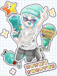 Rule 34 | 1girl, aqua hair, aqua hat, beanie, black leggings, black shorts, commentary request, cross-laced footwear, eyebrow cut, fang, full body, grey footwear, grid background, gun, hat, highres, holding, holding gun, holding weapon, index finger raised, inkling, inkling girl, inkling player character, leggings, leggings under shorts, nintendo, open mouth, pointy ears, print headwear, purple eyes, shoes, short hair, shorts, simple background, smile, solo, sparkle, splatoon (series), splatoon 3, splattershot jr (splatoon), sticker, tentacle hair, tonbofree, torpedo (splatoon), v-shaped eyebrows, wave breaker (splatoon), weapon, white background