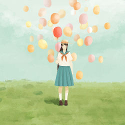 Rule 34 | 1girl, balloon, blue skirt, blue sky, brown eyes, brown hair, closed mouth, craft-cs, day, field, grass, hat, holding, holding balloon, long hair, looking at viewer, neckerchief, original, outdoors, pleated skirt, red neckerchief, school uniform, serafuku, shoes, short sleeves, skirt, sky, smile, socks, solo, standing, straw hat, white socks