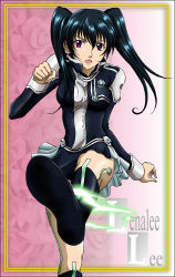 Rule 34 | 1girl, anime coloring, black footwear, black hair, black jacket, black skirt, boots, character name, d.gray-man, earrings, floating hair, hair between eyes, hanzou, jacket, jewelry, knee boots, leg up, lenalee lee, long hair, long sleeves, miniskirt, open mouth, pleated skirt, red eyes, shiny skin, skirt, solo, twintails, two-tone skirt, white skirt