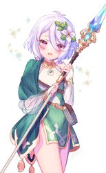 Rule 34 | 1girl, :d, antenna hair, bare shoulders, bridal gauntlets, detached sleeves, dress, eyes visible through hair, flower, hair between eyes, hair flower, hair ornament, hands up, highres, holding, holding polearm, holding spear, holding weapon, ittokyu, kokkoro (princess connect!), long sleeves, looking at viewer, open mouth, pointy ears, polearm, princess connect!, puffy long sleeves, puffy sleeves, red eyes, see-through, see-through sleeves, simple background, sleeveless, sleeveless dress, smile, solo, spear, weapon, white background, white dress, white flower, white hair