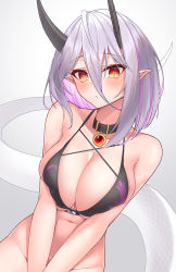 Rule 34 | 1girl, bikini, bikini top only, black bikini, black collar, black horns, blush, bottomless, breasts, breasts squeezed together, closed mouth, collar, gradient background, grey background, hair between eyes, highres, horns, lamia, large breasts, looking at viewer, monster girl, multicolored hair, navel, orange eyes, original, pink hair, pointy ears, slit pupils, snake tail, solo, swimsuit, tail, two-tone hair, white hair, z.m. (zimin)