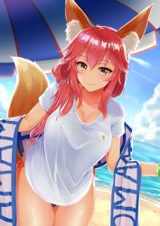 Rule 34 | 10s, 1girl, animal ears, bad id, bad pixiv id, beach, blush, breasts, cleavage, curvy, day, fate/extra, fate (series), fox ears, fox tail, highres, large breasts, long hair, looking at viewer, navel, ocean, outdoors, pink hair, shirt, short sleeves, smile, solo, standing, t-shirt, tail, tamamo (fate), tamamo no mae (fate/extra), tamamo no mae (swimsuit lancer) (fate), tamamo no mae (swimsuit lancer) (first ascension) (fate), tomo (tomojo 8), towel, wet, wide hips, yellow eyes