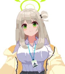 Rule 34 | 1girl, black skirt, blue archive, blush stickers, breasts, closed mouth, collared shirt, green eyes, green halo, halo, id card, jacket, large breasts, light brown hair, long hair, looking at viewer, nonomi (blue archive), open clothes, open jacket, pixel art, shirt, simple background, skirt, smile, solo, tinia etru, upper body, white background, white shirt, yellow jacket