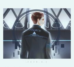 Rule 34 | 1boy, armor, blue armor, blue border, border, brown eyes, brown hair, character name, collared jacket, commentary, connor (detroit), dated, detroit: become human, door, english commentary, from behind, glitch, grey jacket, high collar, indoors, jacket, long sleeves, looking to the side, male focus, sbgpand, short hair, solo, uniform, upper body