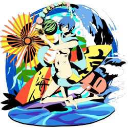 Rule 34 | 1boy, abstract, barefoot, blue hair, blue scarf, food, fruit, hashimochi, holding, holding food, holding fruit, ice cream, kaito (vocaloid), male focus, naked scarf, nude, pop art, scarf, solo, surfboard, vocaloid, watermelon