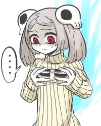 Rule 34 | ..., 1girl, asagao (bikaburi), bloody marie (skullgirls), cleavage cutout, clothing cutout, grey hair, hair ornament, hands on own chest, looking down, lowres, red eyes, ribs, skeleton, skull hair ornament, skullgirls, solo, speech bubble, sweatdrop, sweater, turtleneck, turtleneck sweater, twintails, upper body