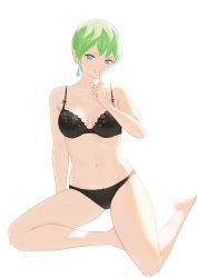 Rule 34 | 1girl, absurdres, arm behind back, bare shoulders, black bra, black panties, blue eyes, bra, breasts, closed mouth, collarbone, copper, earrings, finger to mouth, full body, green hair, highres, izumo tenka, jewelry, looking at viewer, mato seihei no slave, medium breasts, navel, panties, short hair, shushing, sitting, smile, solo, stomach, underwear, white background