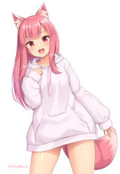 Rule 34 | :d, animal ear fluff, animal ears, bottomless, cowboy shot, fox ears, fox tail, gluteal fold, highres, hood, hood down, hoodie, long hair, long sleeves, looking at viewer, open mouth, original, pink fox (sasaame), pink hair, pink tail, red eyes, sasaame, simple background, smile, solo, tail, twitter username, white background