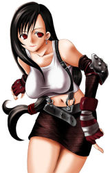 Rule 34 | 1990s (style), 1girl, belt, black belt, black hair, breasts, cowboy shot, earrings, final fantasy, final fantasy vii, fingerless gloves, gloves, hanamiduki, huge breasts, jewelry, large breasts, leaning forward, legs together, long hair, low-tied long hair, midriff, miniskirt, mizuki shou, pencil skirt, red eyes, red gloves, retro artstyle, shirt, simple background, skirt, solo, suspender skirt, suspenders, tagme, tank top, taut clothes, tifa lockhart, white background, white shirt