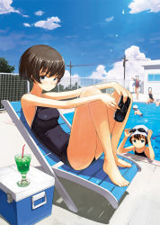 Rule 34 | 6+girls, bare legs, bare shoulders, barefoot, black hair, blue eyes, blue sky, chair, cloud, competition school swimsuit, cooler, day, drink, drinking straw, feet, feet on chair, fence, goggles, goggles on head, handheld game console, ice, lens flare, looking at viewer, lounge chair, maeda risou, multiple girls, one-piece swimsuit, original, outdoors, perspective, playstation portable, pool, poolside, power lines, school swimsuit, shadow, short hair, sitting, sky, swim cap, swimming, swimsuit, utility pole