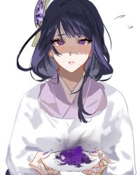 Rule 34 | 1girl, bad food, bandaged fingers, bandages, blunt bangs, close-up, food, genshin impact, hair ornament, highres, holding, holding food, japanese clothes, long hair, looking at viewer, mikuroron, mole, mole under eye, purple eyes, purple hair, purple nails, raiden shogun, simple background, solo, standing, sweat, white background