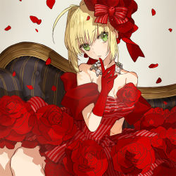 Rule 34 | 10s, 1girl, ahoge, april fools, blonde hair, breasts, cleavage, dress, earrings, fate/extra, fate (series), finger to mouth, flower, flower earrings, gloves, green eyes, jewelry, necklace, nero claudius (fate), nero claudius (fate) (all), nero claudius (fate/extra), official alternate costume, official art, petals, red flower, red gloves, red rose, rose, short hair, solo, strapless, strapless dress, striped clothes, striped dress, wada arco