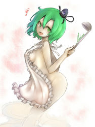 Rule 34 | 1girl, apron, bad id, bad pixiv id, breasts, dress, ghost tail, green eyes, hat, heart, ladle, naked apron, open mouth, short hair, signature, smile, soga no tojiko, solo, tate eboshi, touhou, yuxyon