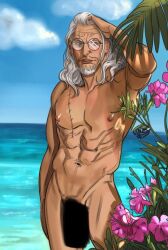 Rule 34 | 1boy, abs, bara, blue sky, blush, completely nude, contrapposto, crowsizna, dark-skinned male, dark skin, facial hair, feet out of frame, flower, glasses, goatee, grey hair, hand in own hair, large pectorals, long hair, looking to the side, male focus, mature male, muscular, muscular male, navel, nipples, nude, ocean, old, old man, one piece, pectorals, pink flower, round eyewear, shadow censor, silvers rayleigh, sky, solo, standing, stomach